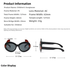 Detailed size guide for kids' devil horn sunglasses with PC frame and AC lens dimensions