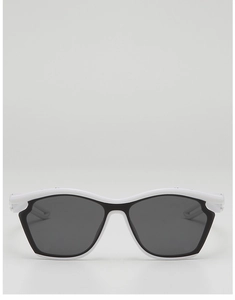 Front view of geometric two-tone sports sunglasses with white frame and dark grey lenses