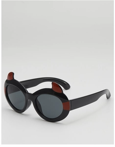 Detailed view of kids cartoon devil sunglasses with black frame and red horn accents