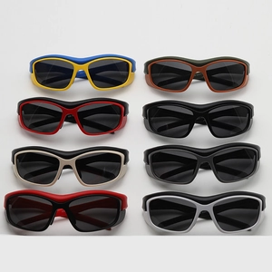 Matrix display of colorful wrap-around sports sunglasses for outdoor cycling and hiking