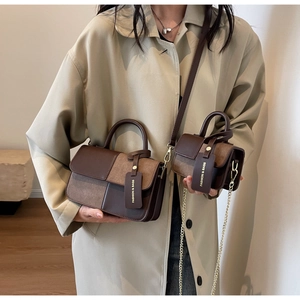 Brown contrast stitch leather crossbody bag set in small and large sizes with chain