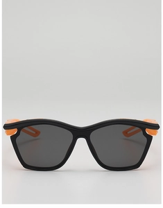 Detail of children sports sunglasses showing orange hollowed temples and black frame