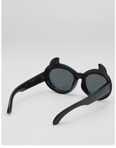 Rear view of black devil horn sunglasses with polished frames and model number S8101