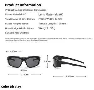 Detailed technical size chart for kids futuristic cycling sunglasses with precise measurements
