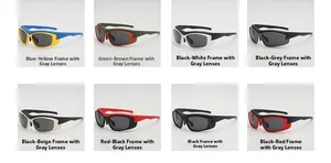 Matrix showing eight futuristic kids cycling sunglasses in diverse trendy color combinations
