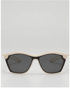 Front view of cream-colored geometric kids sunglasses with dark grey UV protective lenses
