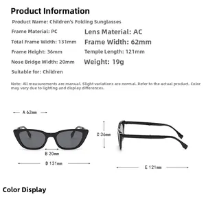 Size chart showing technical dimensions and specifications of foldable kids sunglasses