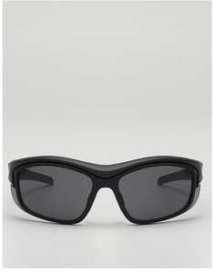 Detailed front view of black full-frame kids sports sunglasses with wide curved grey lenses