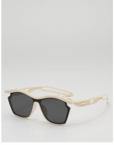 Detail of cream white geometric frame sunglasses with dark grey polarized lenses