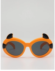 Front view of orange cartoon devil sunglasses for kids featuring black horns and dark lenses