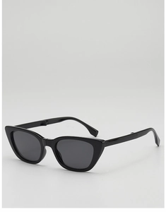 Detailed view of black foldable cat-eye sunglasses with metal hinges and UV lenses