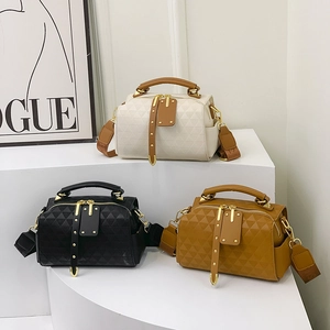 Geometric Triangle Pattern PU Leather Boston Bag Women Crossbody Shoulder Handbag Golden Hardware Rivets Chic