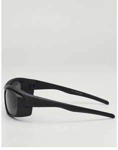 Side view of matte black kids sports sunglasses with wide non-slip arms and grey lenses