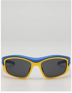 Detail of futuristic kids sports sunglasses with blue and yellow frame and dark lenses
