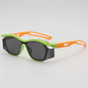 Kids sports sunglasses in green and orange with dark grey lenses for outdoor cycling