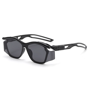 Kids sports sunglasses with black futuristic frame and dark grey protective lenses