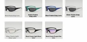 Detailed grid showing Y2K futuristic sunglasses in multiple frame and lens color options