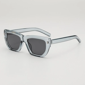 Modern polygonal sunglasses with light blue resin frames and grey polarized lenses