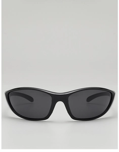 Front view of Y2K futuristic black wrap-around sports sunglasses with thick frames