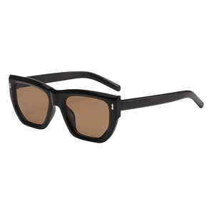 Stylish polygon sunglasses with black frames and brown lenses featuring silver rivets