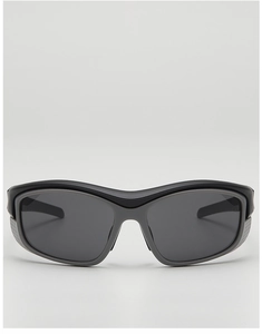 Close-up of futuristic kids sports sunglasses with black two-tone frame and grey lenses