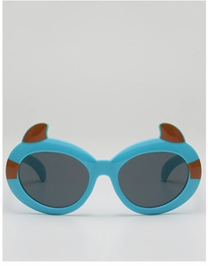 Detailed front view of blue cartoon devil sunglasses for kids with animal ear accents
