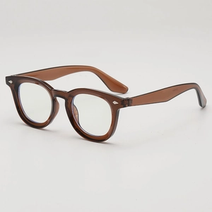 Retro translucent brown round frame eyeglasses with diamond metal accents in 2025 style