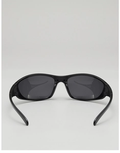 Rear view of sleek black Y2K sports sunglasses with streamlined wrap-around frame design
