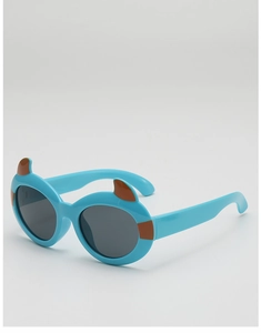 Detail view of cartoon little devil sunglasses with blue frames and brown ears for kids