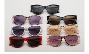 Detailed grid view of stylish cat-eye sunglasses in seven assorted fashion colors