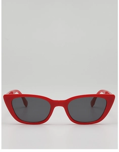 Detailed front view of foldable red cat-eye sunglasses for kids with grey lenses