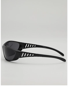 Detail of Y2K futuristic sunglasses showing hollowed-out temple design and side profile