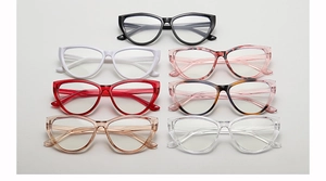 Array of cat-eye sunglasses in seven colors including tortoiseshell and solid tones