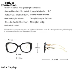 Detailed size chart for oversized metal glasses frames with heart-shaped temple accents