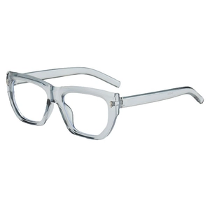 Retro square clear blue eyeglass frames with metal hinges and transparent finish