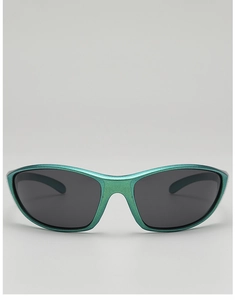 Front detail of Y2K futuristic green glitter sunglasses with streamlined black lenses