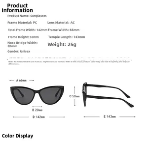 Technical specifications and size guide for retro cat eye sunglasses with PC frame