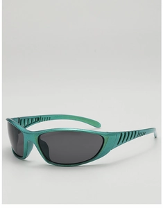 Detail of green glitter frame sports sunglasses with side ventilation slots and black lens