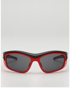 Detail of futuristic kids sports sunglasses showing red and black contrast frames
