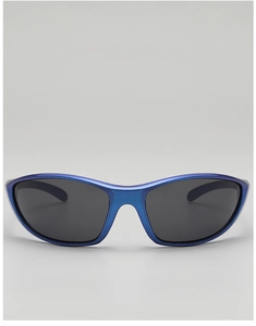 Front view of Y2K futuristic sunglasses with blue metallic frame and grey lenses