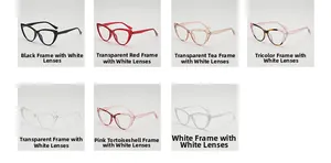 Detailed grid display of cat-eye frames in seven colors with clear lenses for women