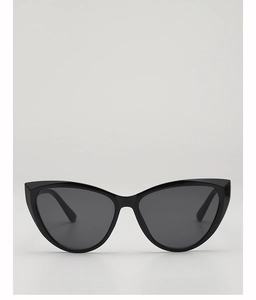 Detail view of stylish black cat-eye sunglasses with thick frames and dark polarized lenses