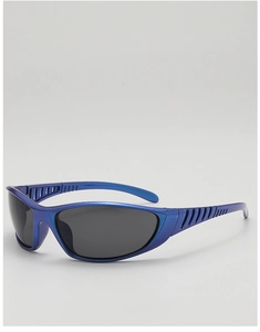 Detail of blue metallic sunglasses frame with grey lenses and non-slip ventilated temples