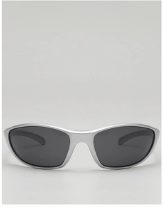 Close-up of futuristic Y2K sunglasses with silver matte frames and dark grey wrap lenses