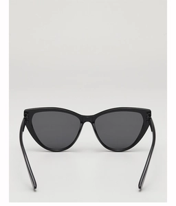 Front view of black cat-eye sunglasses with glossy finish and dark tinted lenses