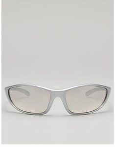 Front view of Y2K futuristic wrap-around sports sunglasses with silver metallic frame