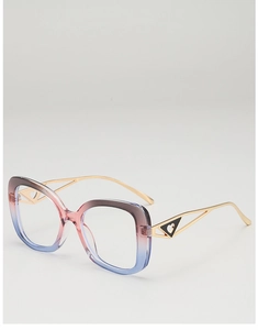 Detail of pink-blue gradient frames with gold metal temples and heart cutout design