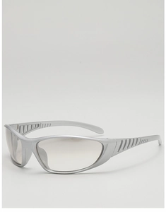 Detail view of silver Y2K futuristic sunglasses with ventilated temples and curved lenses