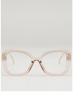 Front view of large champagne fashion glasses frame with transparent finish and metal hinge