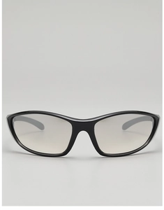 Detail of futuristic Y2K sports sunglasses with black wraparound frame and gray lenses